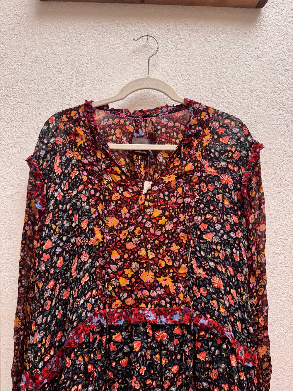 Anthropologie Black Floral Tiered Long-Sleeve Dress with Pink & Orange Accents - Picture 2 of 10